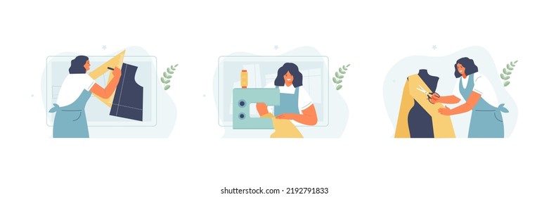 Young woman seamstress working at a sewing machine, clothing designer, technologist, pattern making. Vector illustration set
