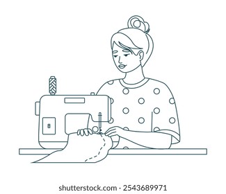 Young woman seamstress works on a sewing machine in line style. Dressmaker, needlework, hobby. Tailoring clothes at the workplace. Needlecraft. Isolated vector illustration