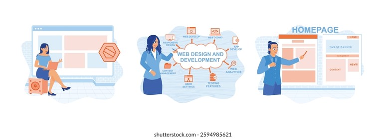 Young woman search info on website pages. IT expert develops website on computer. Developing software applications on computers. Web design concept. Set flat vector illustration.