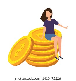 young woman seated in coins cash money dollars