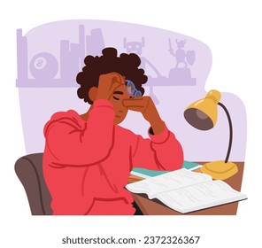 Young Woman Seated At Home Table Cluttered With Books, Rubs Her Tired Eyes While Holding A Pair Of Glasses, Depicting The Struggle Of Studying Or Working From Home. Cartoon People Vector Illustration