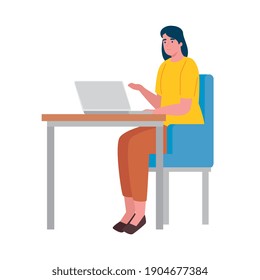 young woman seated in the office working in laptop character vector illustration design