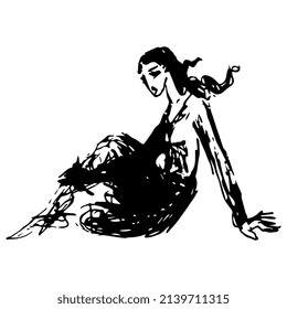 Young woman seated on ground. Hand drawn linear doodle rough sketch. Black silhouette on white background.