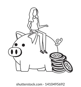 young woman seated in piggy savings with coins money