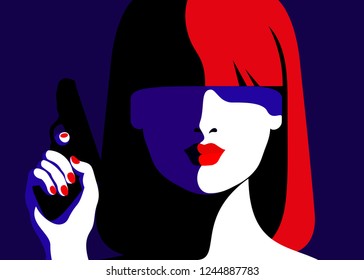 Young Woman As Secret Agent, Spy, Security Guard. Female Character With A Gun. Vector Illustration