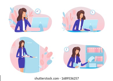 Young woman secretary, accountant, businesswoman, auditor at work in office scene set. Professional officer answering call, entering and processing data, working with document. Vector illustration