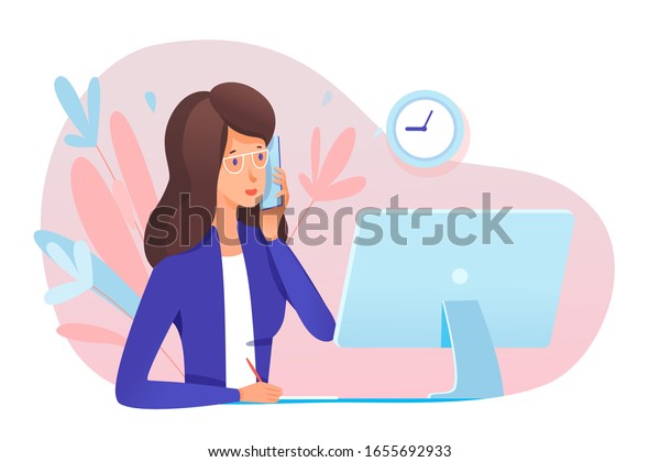 Young woman secretary answering call.\
Professional specialist talking phone sit at table front of\
computer monitor. Office workflow. Conversation with client,\
partner. Vector\
illustration