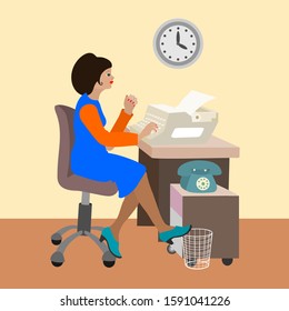 a young woman secretary sits at a desk and types on a typewriter, a vintage telephone is standing nearby, a girl rested her leg on a dustbin, a clock hangs on the wall