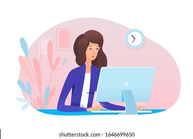 Young woman secretary working at computer in office. Girl assistant typing on keyboard sit at desk. Specialist sitting at table. Workflow process. Business administration. Vector illustration - Shutterstock ID 1646699650