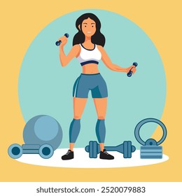 A young woman is seen in a fitness class, representing the concept of a healthy lifestyle and the importance of sports activity.

