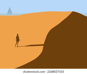 Se ve a una joven caminando sobre una duna de arena en la orilla del lago de las dunas de Indiana, Grandes Lagos, EEUU bajo el sol en imagen vectorial.