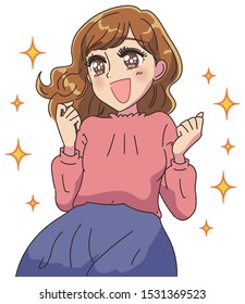Young woman sees something. She has a happy expression.