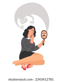 Young woman sees terrible reflection of low self-esteem in mirror. Upset sad person holding mirror in hand. Lack of self-love, dysmorphophobia. The reflection monster attack woman. Vector illustration