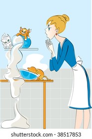 A young woman sees three little kittens overturned, overturning the pan with the dough