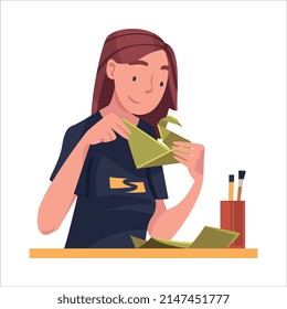 Young Woman in Self-isolation Doing Origami Folding Paper Figure Vector Illustration