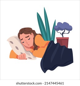 Young Woman in Self-isolation Lying on Bed and Sleeping on Pillow Vector Illustration