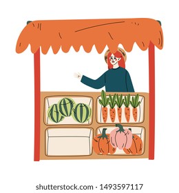 Young Woman Selling Fresh Vegetables at Farmers Market, Fresh Natural Organic Products on Counter Vector Illustration