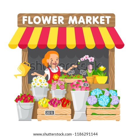 The young woman sells flowers in her flower shop in the local market. Cute illustration in flat style. 