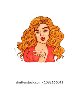 Young woman sends air kiss - hand drawn beautiful girl holding palm up and showing kissing facial expression. Colorful vector illustration isolated on white background in sketch style.