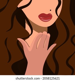 Young woman sends an air kiss. Face close-up. Beautiful girl holding palm up and showing kiss facial expression. Colorful vector illustration on Valentine's day. Concept of air kiss. Flat style.