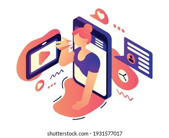 A young woman sends a message directly from the phone. Illustration of how a news application works. Modern design, isometric, white background.