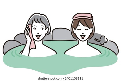 A young woman and a senior woman entering a hot spring