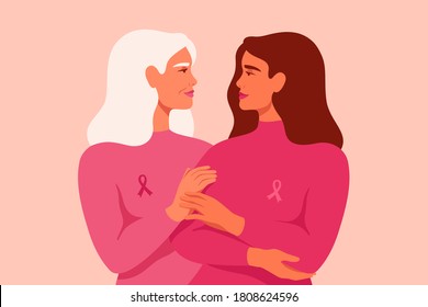 Young woman and senior woman with pink ribbons stand together. Breast Cancer awareness month concept of support and solidarity with women fighting oncological disease. Vector illustration