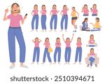Young woman set. Girl listens to music, thinks, plays sports, communicates with friend. Character in various poses and actions. Vector illustration in flat style