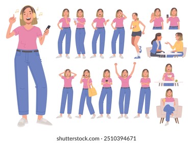 Young woman set. Girl listens to music, thinks, plays sports, communicates with friend. Character in various poses and actions. Vector illustration in flat style