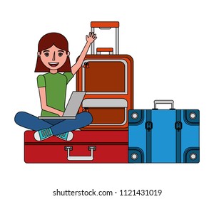 young woman with set suitcases icon
