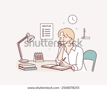Young woman sets the goals for new year concept. Set goals for the New Year. Hand drawn style vector design illustrations.