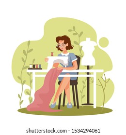 Young woman sewing on an industrial sewing machine. Fashion designer, needlewoman or seamstress at work. Vector cartoon illustration.