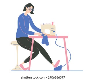 Young woman sewing on an industrial sewing machine. Fashion designer, needlewoman or seamstress at work. Vector cartoon illustration. Isolated in white background.