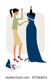 The young woman sews a dress.