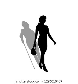 Young woman with shadow of old woman. Vector silhouette on white background. Illustration of aging symbol.