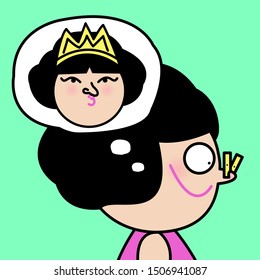 Young Woman Shaping And Lifting Up Her Nose With A Clothespin. Girl Dreaming Of Winning Beauty Pageant While Pinching Her Nose With Cloth Peg Concept Card Character illustration