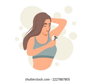 
A young woman shaves her armpit hair with a razor in her hand.
Flat vector illustration