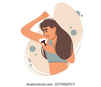 A young woman shaves her armpit hair with a razor in her hand. Flat vector illustration
