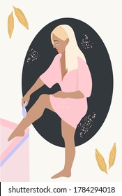 Mujer joven afeitando sus piernas en el baño. Personaje femenino con parches en los ojos y vestido lindo rosa mañana. Spa, depilación y concepto de cuidados corporales. rutina diaria. Niña sosteniendo navaja. Vector plano