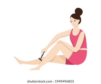 Young Woman Shaving Legs With Safety Razor A Flat Vector Illustration.