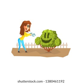 Young Woman Shearing Cute Funny Hedge Character, Girl Working in Garden or Farm Vector Illustration
