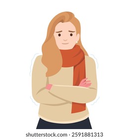 Young woman Shivering in the Cold. Showing signs of being cold. Flat vector illustration isolated on white background