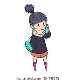 Young woman shocked by the news on the phone; cartoon