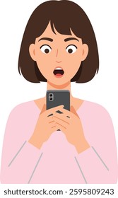 A young woman, with a shocked expression, gazes at her smartphone, conveying a sense of surprise and intrigue in this engaging vector art scene.