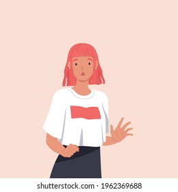 Young woman with shocked face expression. Surprised and amazed person cartoon style vector illustration
