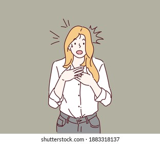 Young woman with shocked facial expression. Hand drawn in thin line style, vector illustrations.