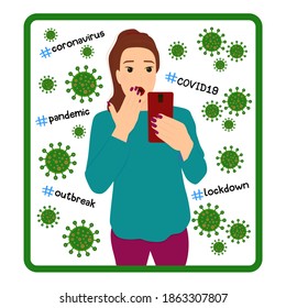 young woman is shocked with a news about coronavirus, lockdown, outbreak, pandemic she is reading from the smartphone screen. Stress frustration fear and negative emotions caused by COVID-19 concept. 