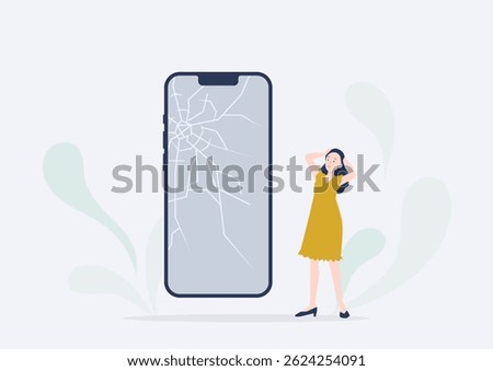 A young woman is shocked when her smartphone screen is shattered