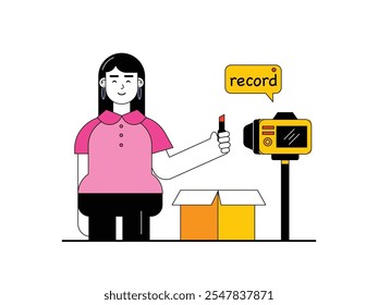 Young woman shooting video content with a camera, influencer about beauty products. Character design. Vector flat illustration