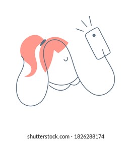 A young woman shoots selfie. She holds the smartphone in front of her face and takes a photo. Flat line vector illustration on white.